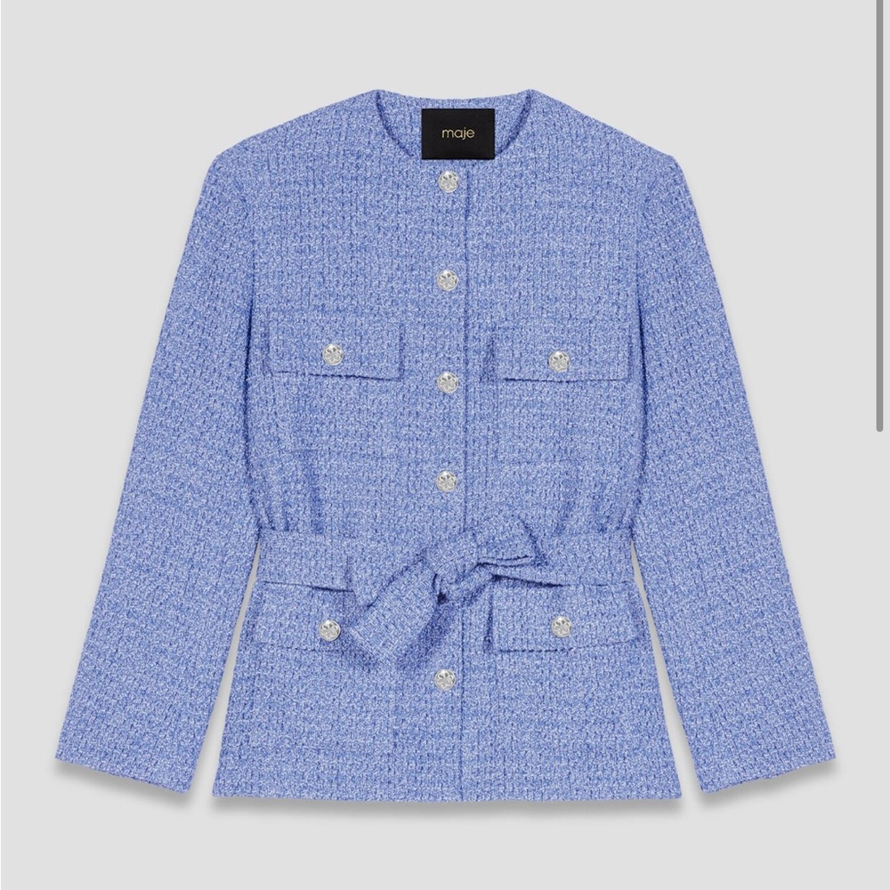 Maje Light Blue Tweed Belted Blazer LIKE NEW